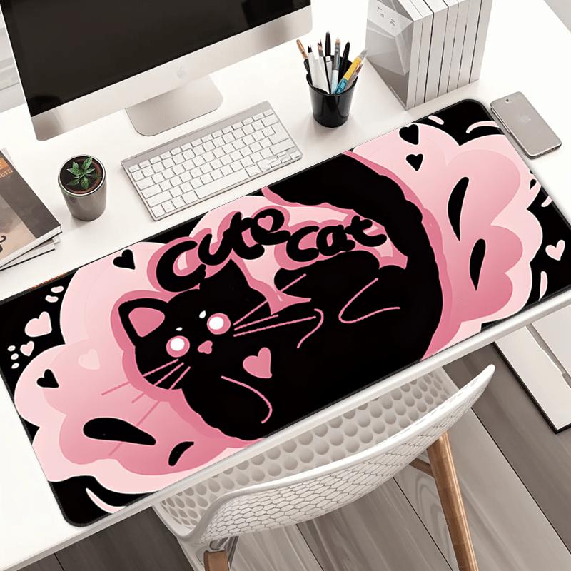 Gaming Mouse Pad Large Desk Mat Antislip Stitched Edges Cute Black Cat Print Keyboard Pad for Gamer Home Office