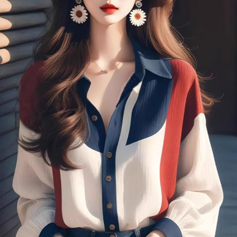 

Модные офисные женские повседневные рубашки, топы, однобортные свободные цветные контрастные рукава-фонарики, свободные женские блузки, элегантная простая женская рубашка 26081 2XL