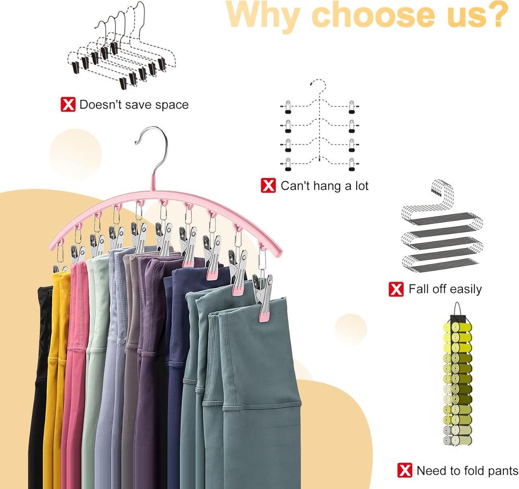 Organizér na legíny do skříně, Kovové věšáky na jógové kalhoty s 10 klipy, Závěsný organizér do skříně pro úsporu místa s pogumovanými organizéry a úložnými prostory do skříně