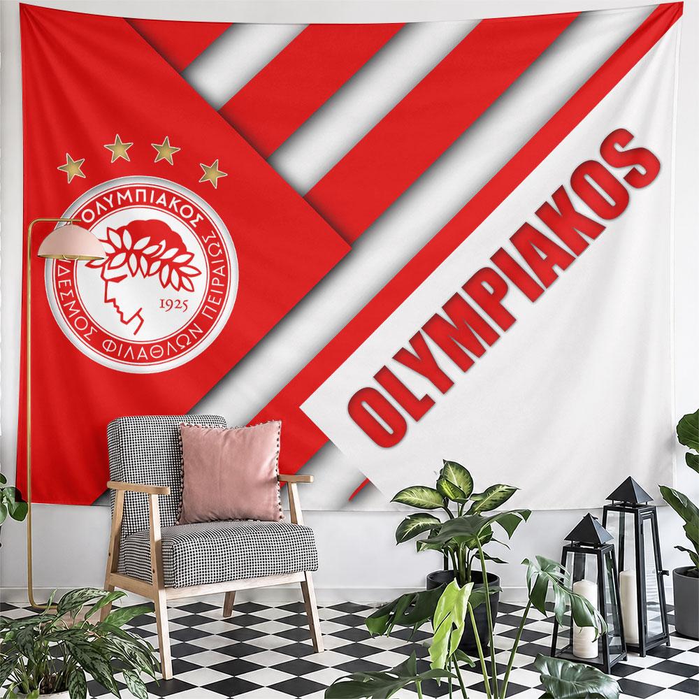 Diagonal red and white stripes with a crest and bold "OLYMPIAKOS" text. Patterned tapestry for bedroom and living room home decor
