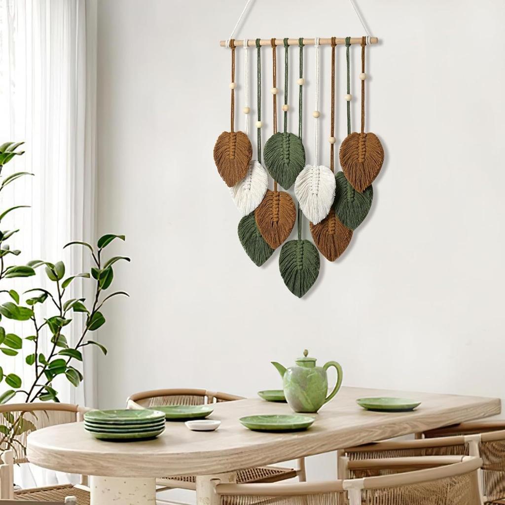Wall Mounted Bohemian Style Decoration Hand Woven Decorative Tapestry Wooden Bead Leaf Tapestry Bedroom Wall Decoration