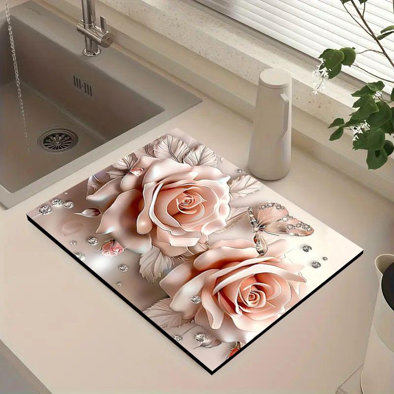 

1 шт. Резиновый коврик для сушки с цветочным принтом для кофейни, ресторана, кухни, ковер, настольная салфетка для посуды, прочный коврик из диатомовой грязи, коврик для питомца, кофейная посуда 40*50