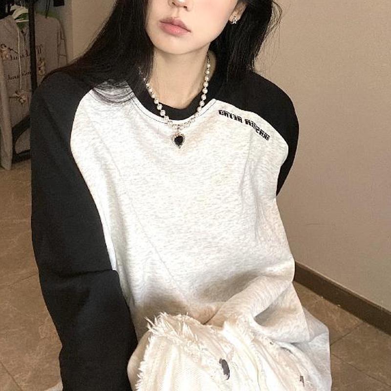 

Весенне-осенняя нишевая футболка реглан с длинным рукавом, контрастная, с круглым вырезом, свободного кроя, повседневная, оверсайз, модная, универсальная XL серый