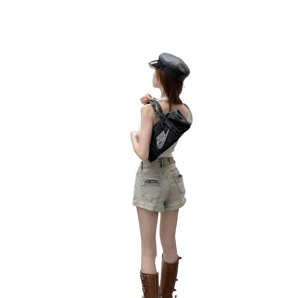 Retro Spicy Girl High Waist Denim Shorts - Women's Summer Slimming Wide-Leg Hot Pants with Pockets and Zippers