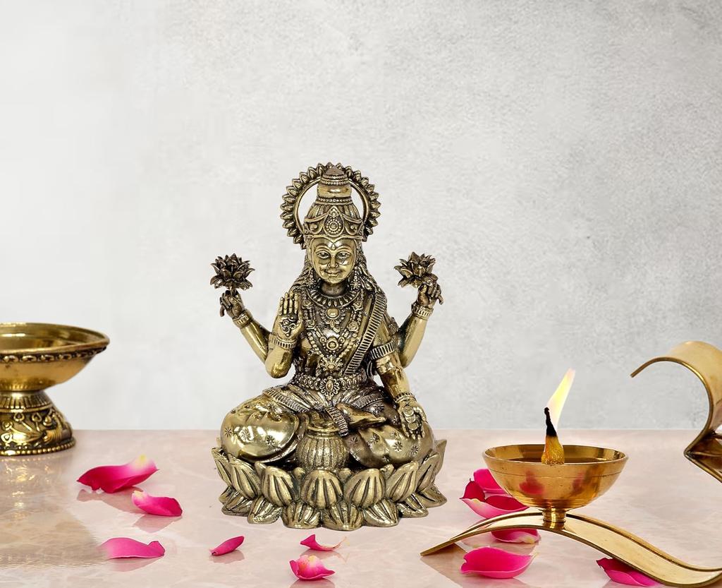 Fine Brass Lakshmi Laxmi Statue, Idol For Home Temple Office, Bronze - 5 Inch