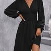 Polyester Vneck Lantern Sleeve Dress With Pleats For Casual And Party Wear