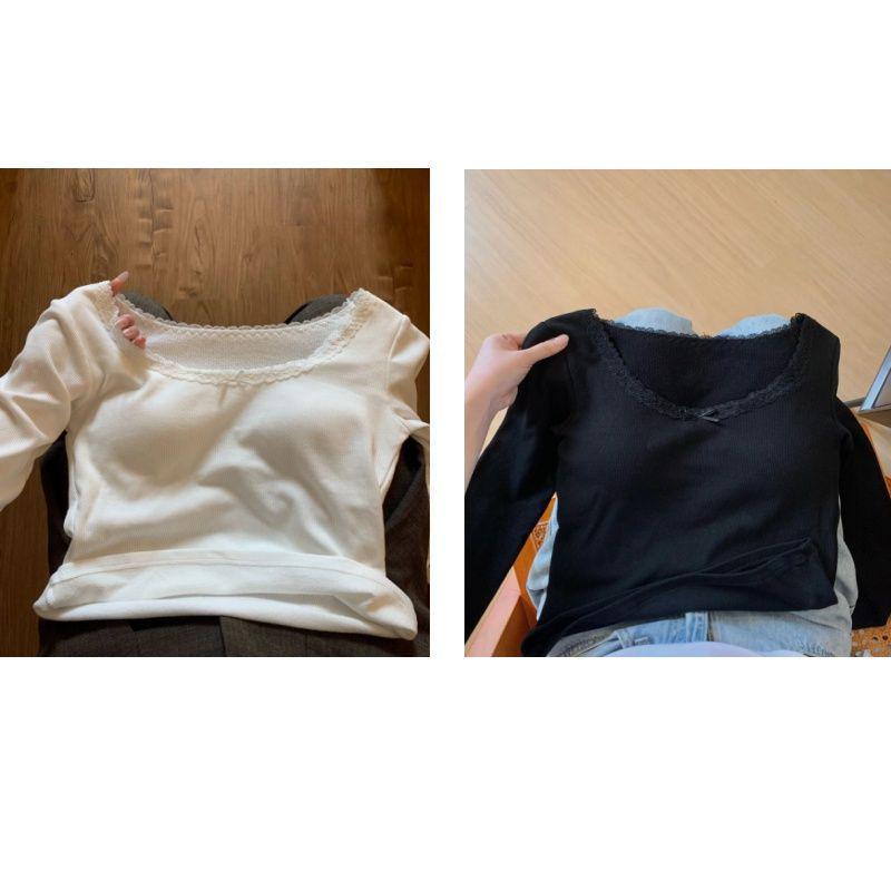 Petite Slim-Fit Women's Long-Sleeve White Lace T-shirt, Korean Style, Autumn/Winter, Gentle Inner Layer, Highlights Collarbone