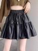 Plus Size Women's Coffee PU Leather Pleated High-Waist A-line Skirt