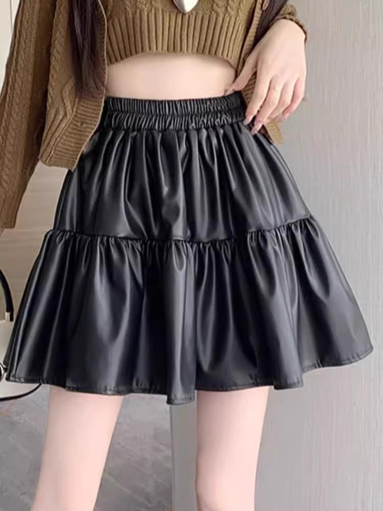 

Plus Size Women s Coffee PU Leather Pleated High-Waist A-line Skirt 3XL (141-159 lbs)