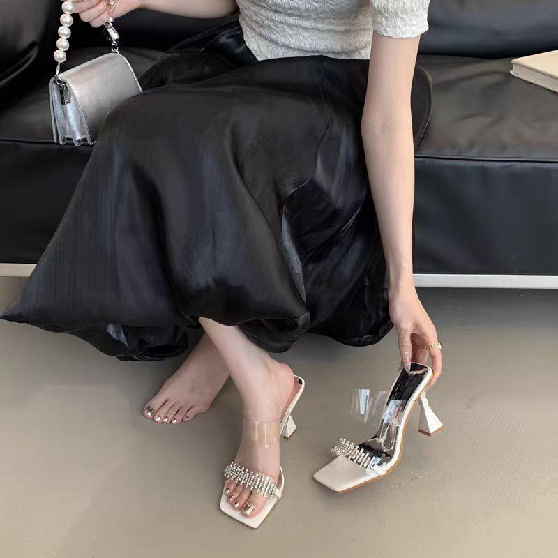 Fashion Small Square Heel High Heels Women's Outer Square Toe Rhinestone Strap Clear Open Toe Pop-over Non-Slip Slippers