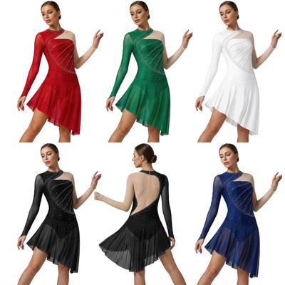 Womens Figure Skating Costume Rhinestone Mesh Long Sleeve Chest Pleats Irregular Hem Bodysuit Dress