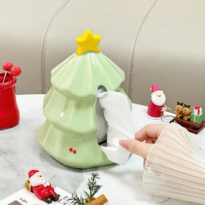 Elegant Ceramic Christmas Tree Tissue Box Holder Festive Holiday Decor with Santa, Reindeer,Snowman Design, Green,FTYR940 White, Christmas Decorations
