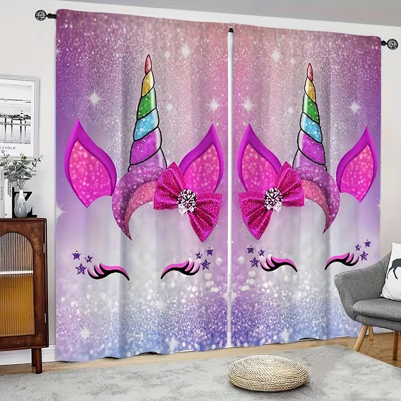 2 Pcs Pink unicorn horns print curtains,suitable for bedroom,living room kitchen decoration,home decoration,window decoration