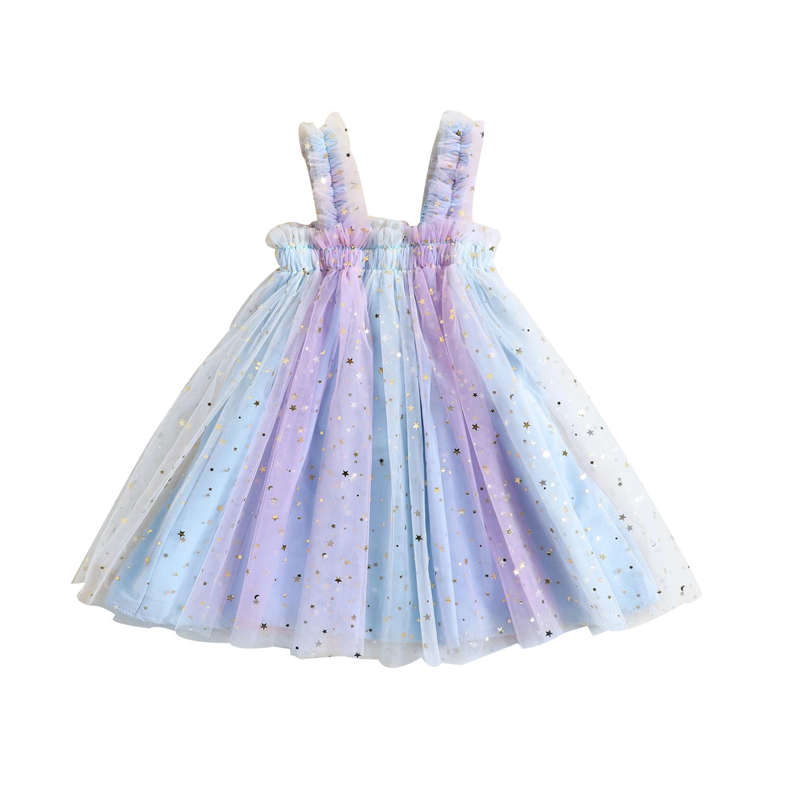 

Летнее повседневное платье на бретельках для маленьких девочек, красочное тюлевое платье без рукавов с принтом звезд 4-5 Years синий