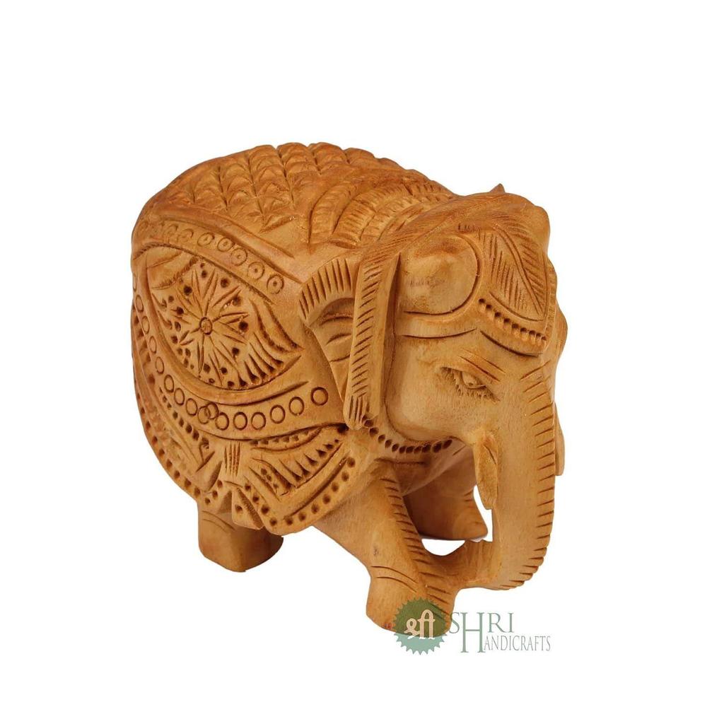 Wood Elephant Pair Down Trunk Statue Carving Figurine Showpiece for Home Decor(Set of 2, Brown)