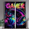2PC Neon Gamer Headset Graffiti Sheer Curtains - Gaming Themed Print Window Drapes for Man Cave Bedroom Decor