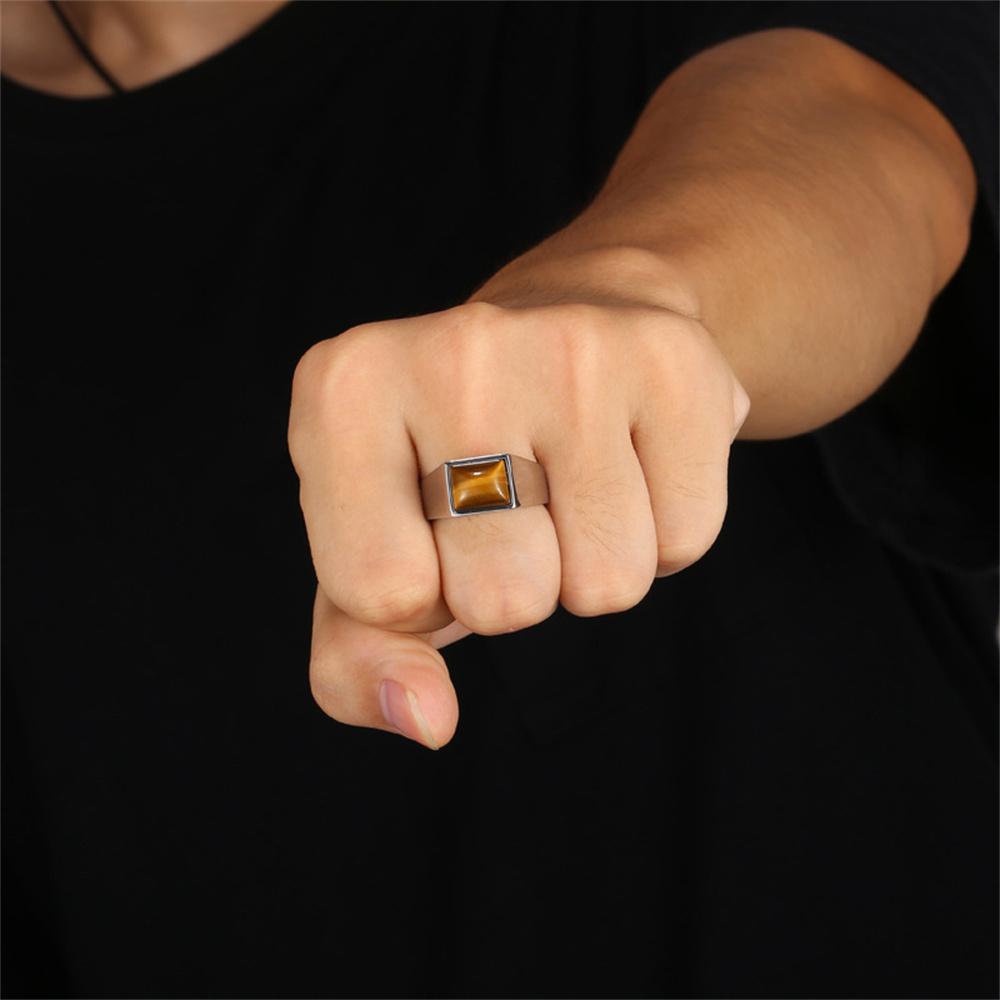 Retro Classic Alloy Tiger Eye Stone Ring Square Coffee Color Stone Men Ring Jewelry Trend Accessories