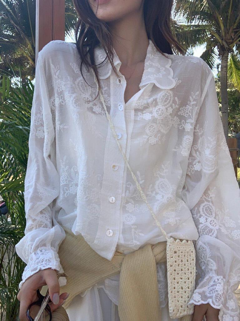 Women's Lemon Green Tea Lace Embroidery Jacquard Shirt - 3D Retro Sun Protection Cardigan for Spring 2026.