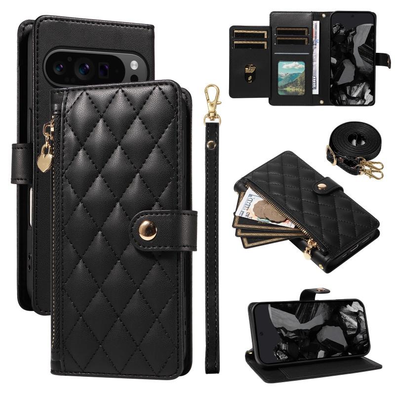 

Long Lanyard Leather Zipper Flip Purse Phone Case For Google Pixel 10 Pro XL 9 9A 8 8A 7A 7 6A Wrist Strap Wallet Card Cover Bag Google Pixel 10 Pro
