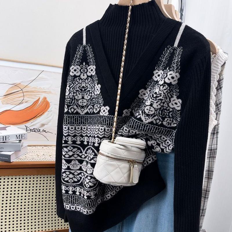 

Women s Black Turtleneck + White Floral Knit Camisole Two-Piece Top Set S чорний