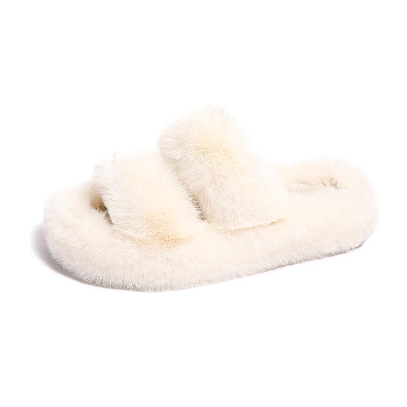 Fashion Women Thicken Plush Fur Slippers Winter Slip On Chunky Platform Loafers Mules Woman Thick Bottom Cotton Slipper Black Flip Flops