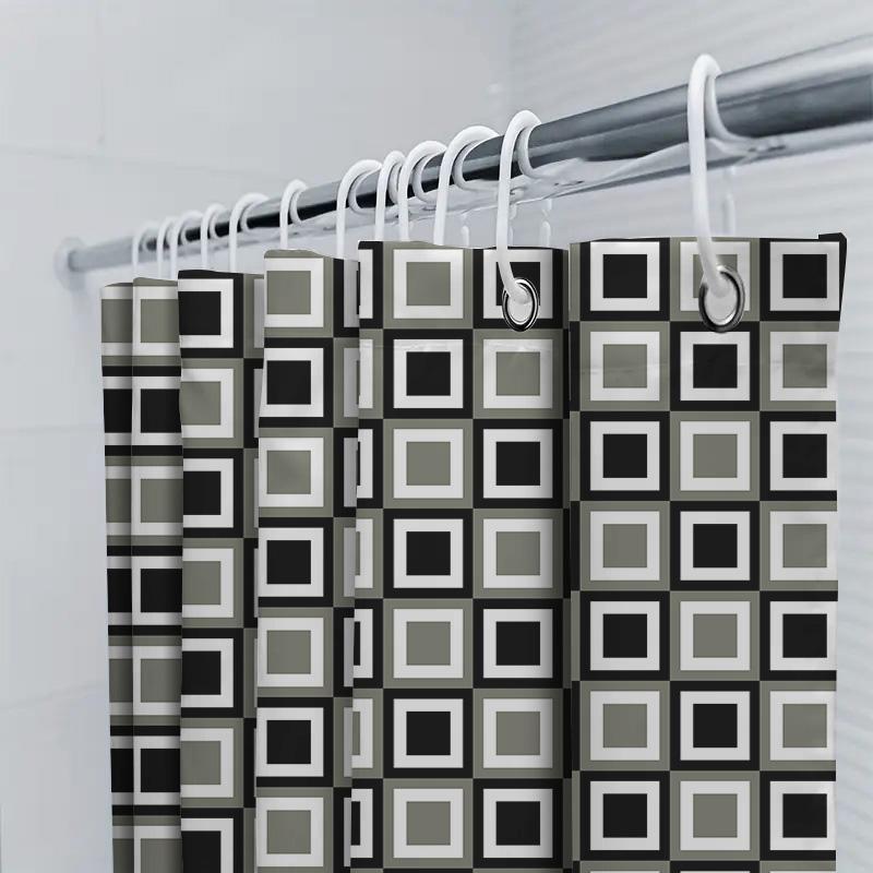 Modern Black White Gray Geometric Squares Shower Curtain Decorative Bathroom Waterproof Fabric Available In Various Sizes (Large