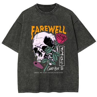 Women's Wash T-Shirt Romantic Skull Rose Print Loose Oversized Unisex Short Sleeve Summer Selling Street Retro Top