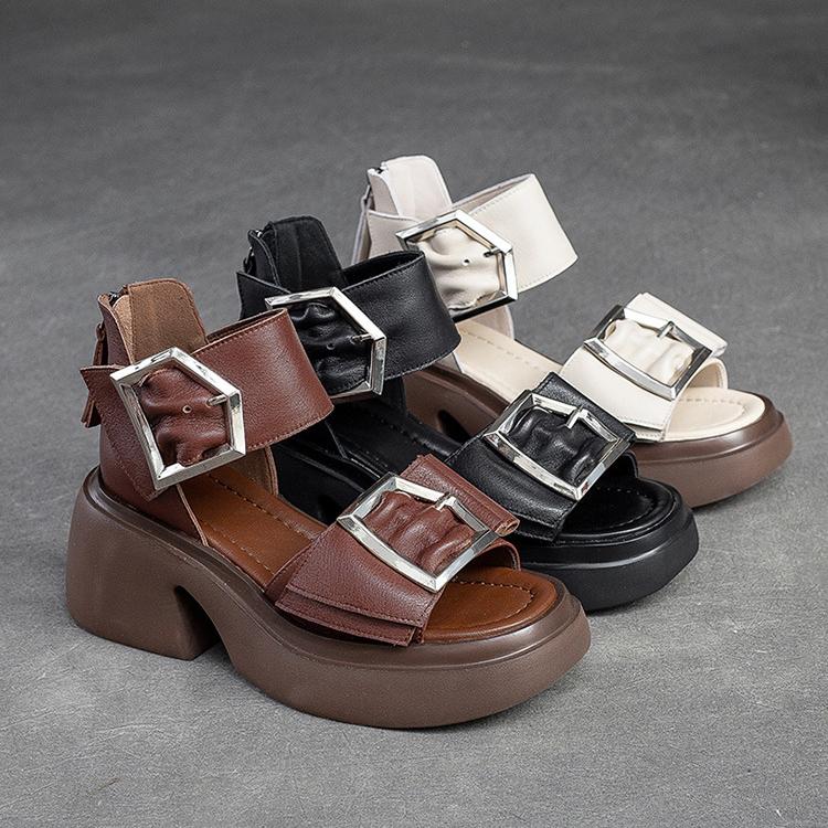 Johnature Genuine Leather Peep Toe High Heel Sandals Women Retro Comfortable Breathable Thick Sole Shoes