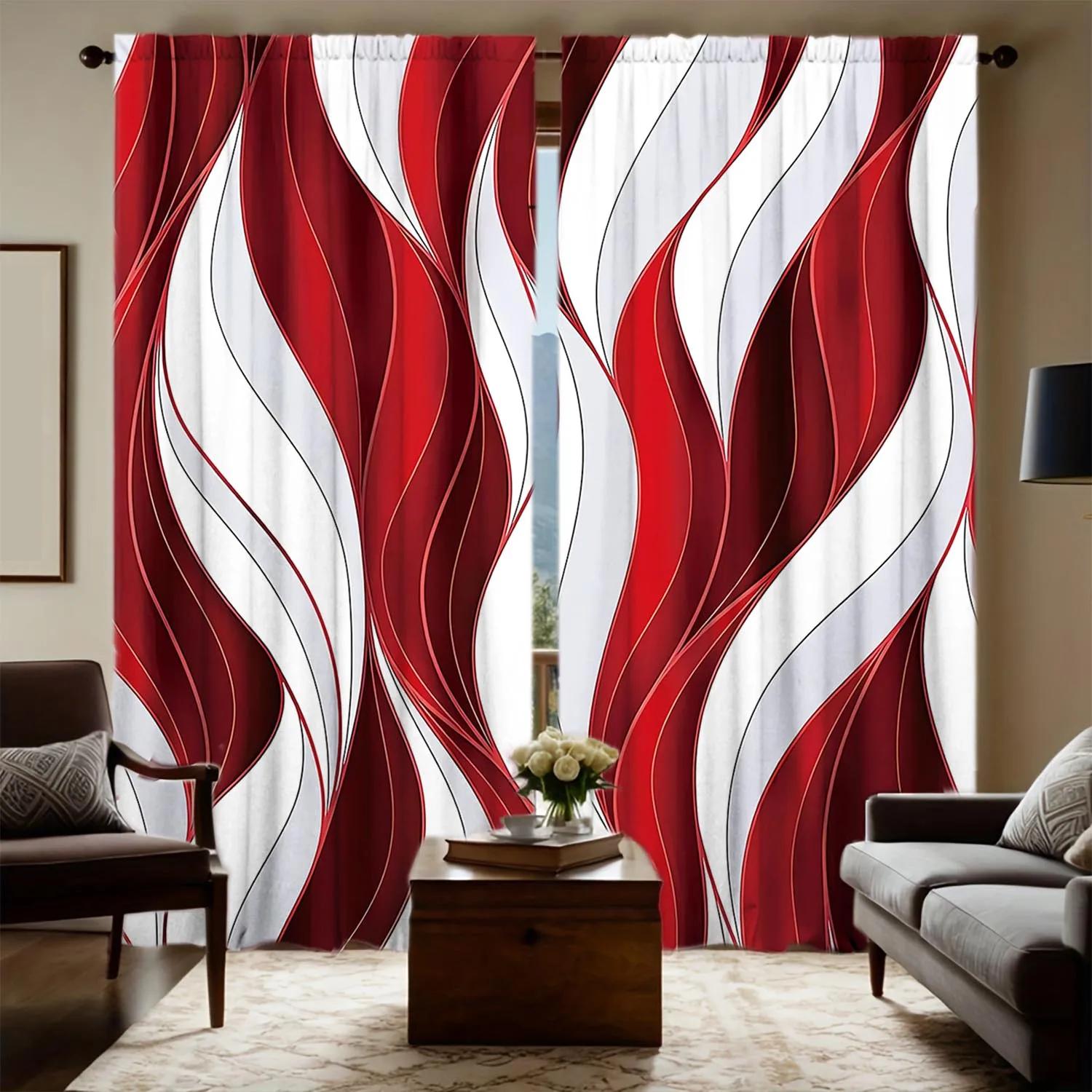 2pcs Red and White Stripes Wavy Decorative Curtains - Artistic Home Decoration Curtains   All Season Decorative Curtains 100*130 HOOK 1pcs