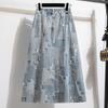 Women's Retro High Waisted Button Fly Flared Long Jean Skirts Pleated Flowy Swing A-line Denim Skirts With Pockets Vintage Denim Midi Skirts for Women