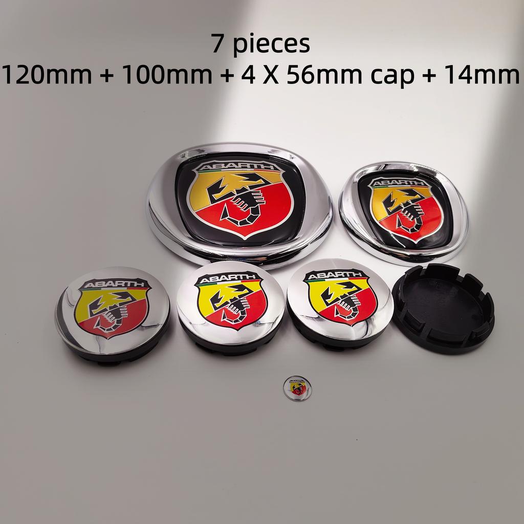 7pcs Fiat Abarth Car Front Hood Bonnet Badge 85/95/100/120mm Rear Trunk Boot Badge 10/12cm Hub Cap Wheel Center Cap 56/60mm
