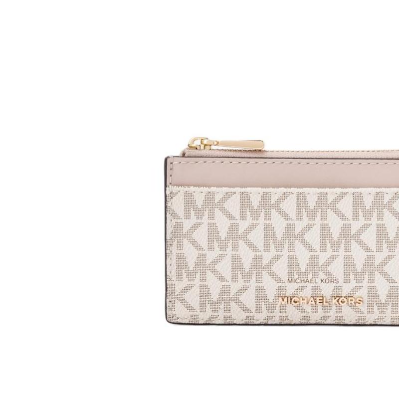 MICHAEL KORS Jet Set Logo Print Contrast Design Coated Canvas Card Holder Small Women's Pink and Beige