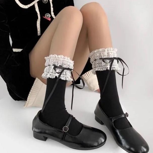 

Женские летние тонкие кружевные носки средней длины с кружевной лентой и бантом, дышащие 1 pair чёрный