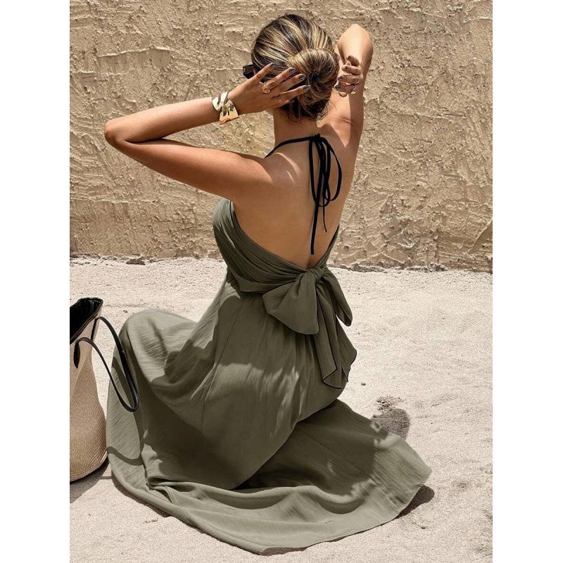 European summer new vacation leisure temperament backless neck V-neck sleeveless long dress