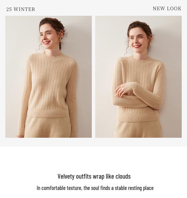 Women's Heavy-Duty Cable Knit Round Neck Cashmere Sweater - Autumn/Winter Warm, Loose Fit Pullover Knitwear