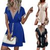 Neues einfarbiges Damen-Minikleid mit kurzen Ärmeln und V-Ausschnitt, Spitzebesatz, Bindegürtel in der Taille, A-Linie, Sommer-Freizeitkleid mit Gürtel
