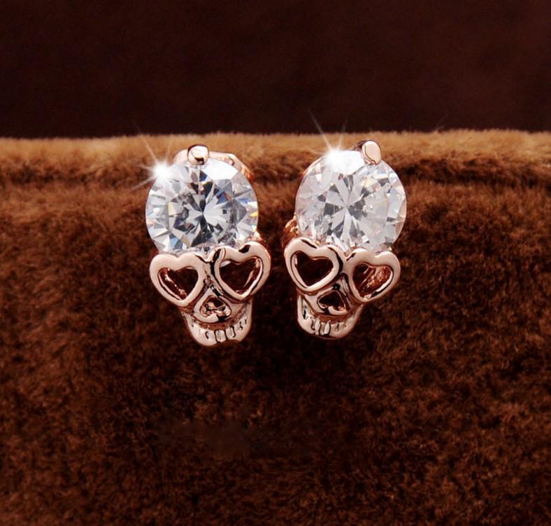 Exquisite Crystal Zirconia Skull Stud Earrings розового золота