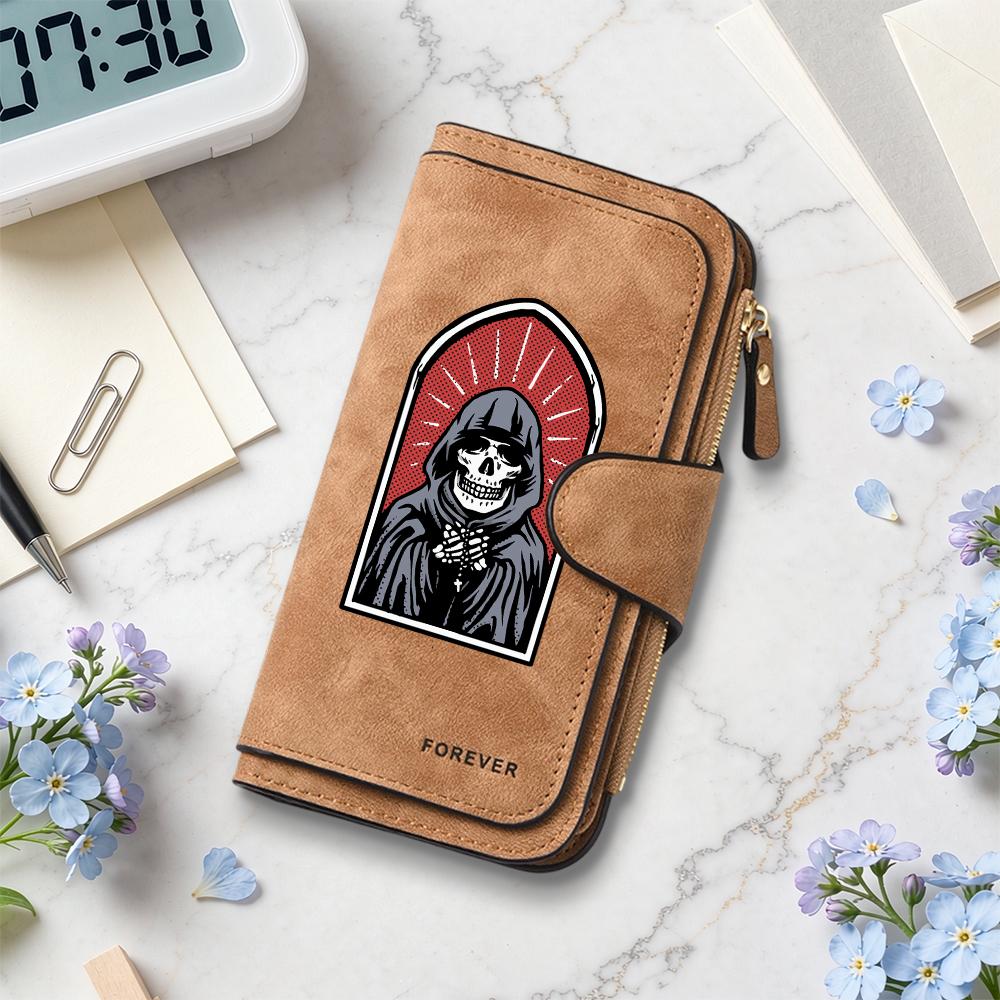 Grim Reaper Pattern Long Wallet Forever PU Leather Multi Card Slot Zip Purse