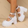Comemore Gothic Chunky Platform Pumps for Women Super High Heels Ankle Strap Mary Jane Shoes Woman Patent Leather Women Heels