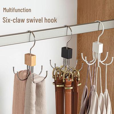 Rotatable Six-Claw Solid Wood Hanger: Multifunctional Rack for Coats, Hats, Ties, Scarves, and Bags
