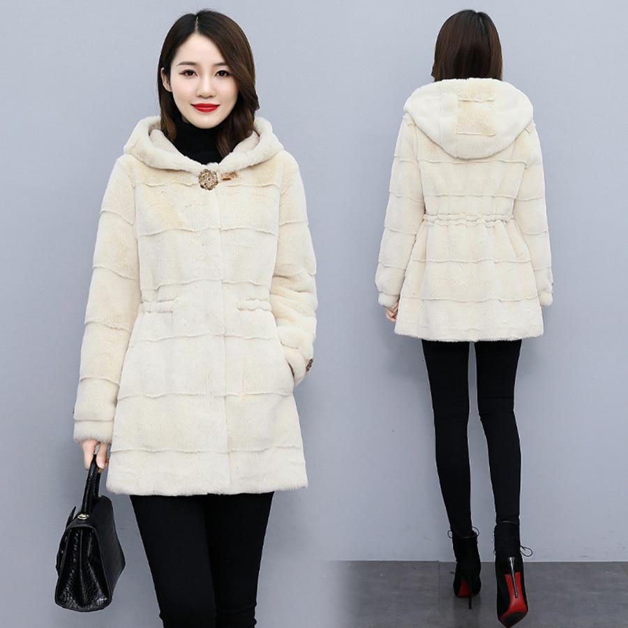 Verdicken Mittellange Kapuze Faux Nerz Pelzmantel Frauen Weiche Warme Plüsch Mantel Flauschige Jacke Winter Gestreiften Lose Oberbekleidung