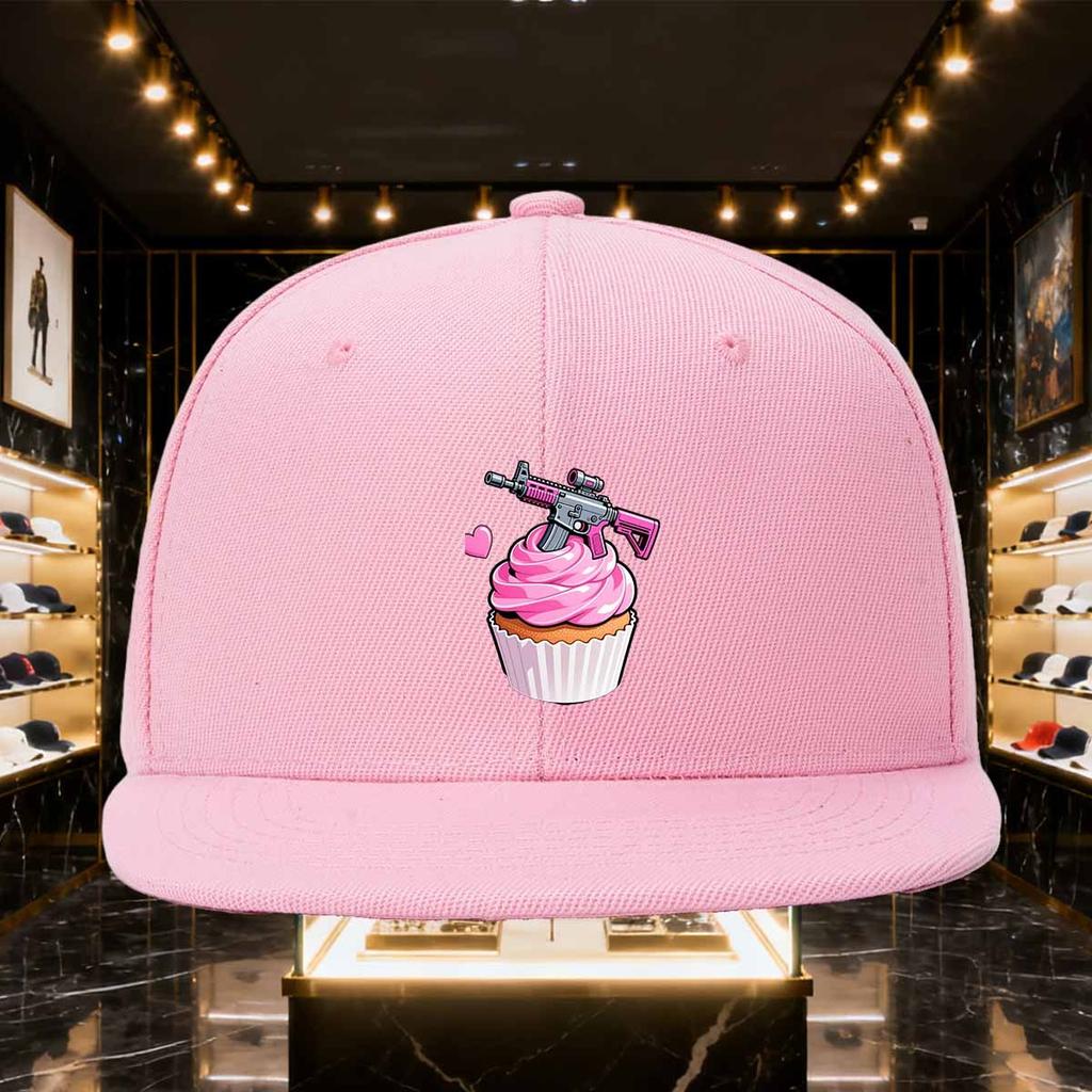 Pink Gun Cupcake Graphic Baseball Cap Unisex Polyester Flat Brim Snapback Hat Outdoor Dad Hat