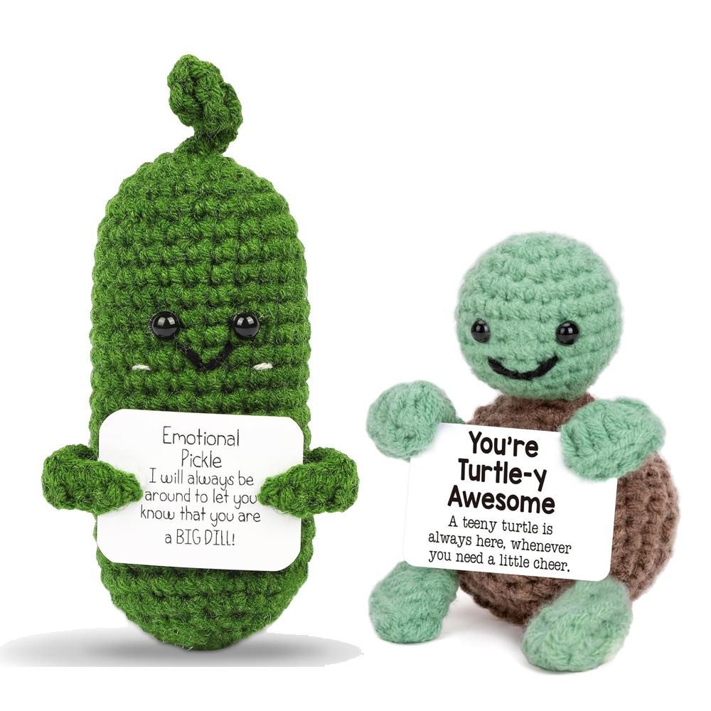 Handmade Emotional Support Pickle Crochet Funny Sour Cucumber Knitted Pickle with Positive Card Cheer up Gift Crochet Home Decor