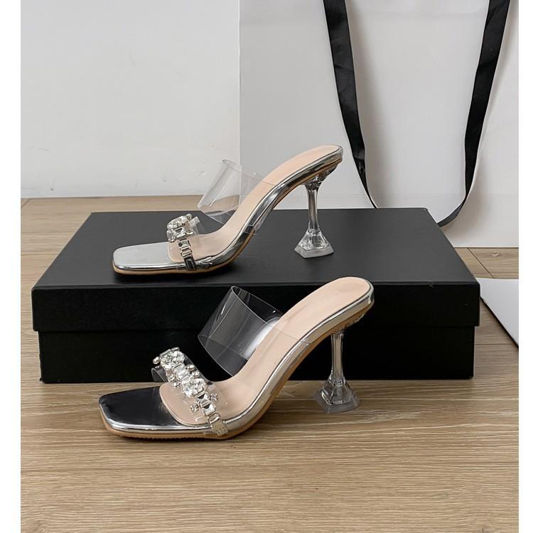 High heels women's summer 2025 new transparent one-word strap square head open-toed versatile outer wear sandals high heels sandals