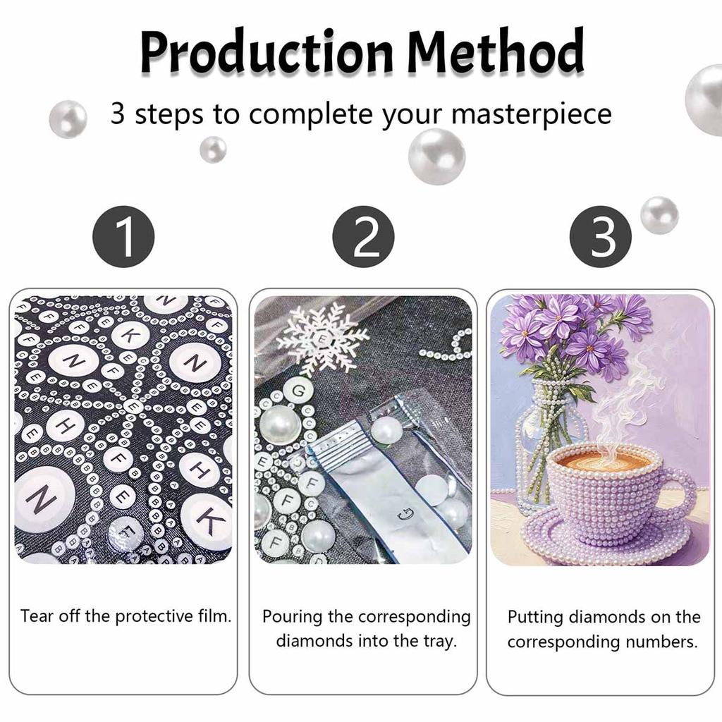 DIY Frameless Pearl Painting Kit Purple Coffee Cup and Floral Vase 3D Shiny Bead Art Canvas Relaxing Craft for Home Wall Decor Gift