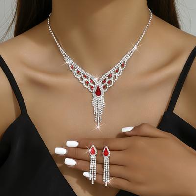 3-Piece Earrings Plus Necklace Set Women Elegant Jewelry Set Silver Plated Inlaid Rhinestone Blue Or Red, Perfect Festival Gift For Women