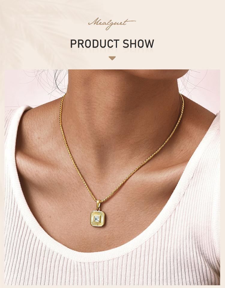 Cubic Zirconia Pendant Necklace for Women, Stainless Steel Chain Trendy Jewelry, Square Heart CZ Stone Boho Jewelry
