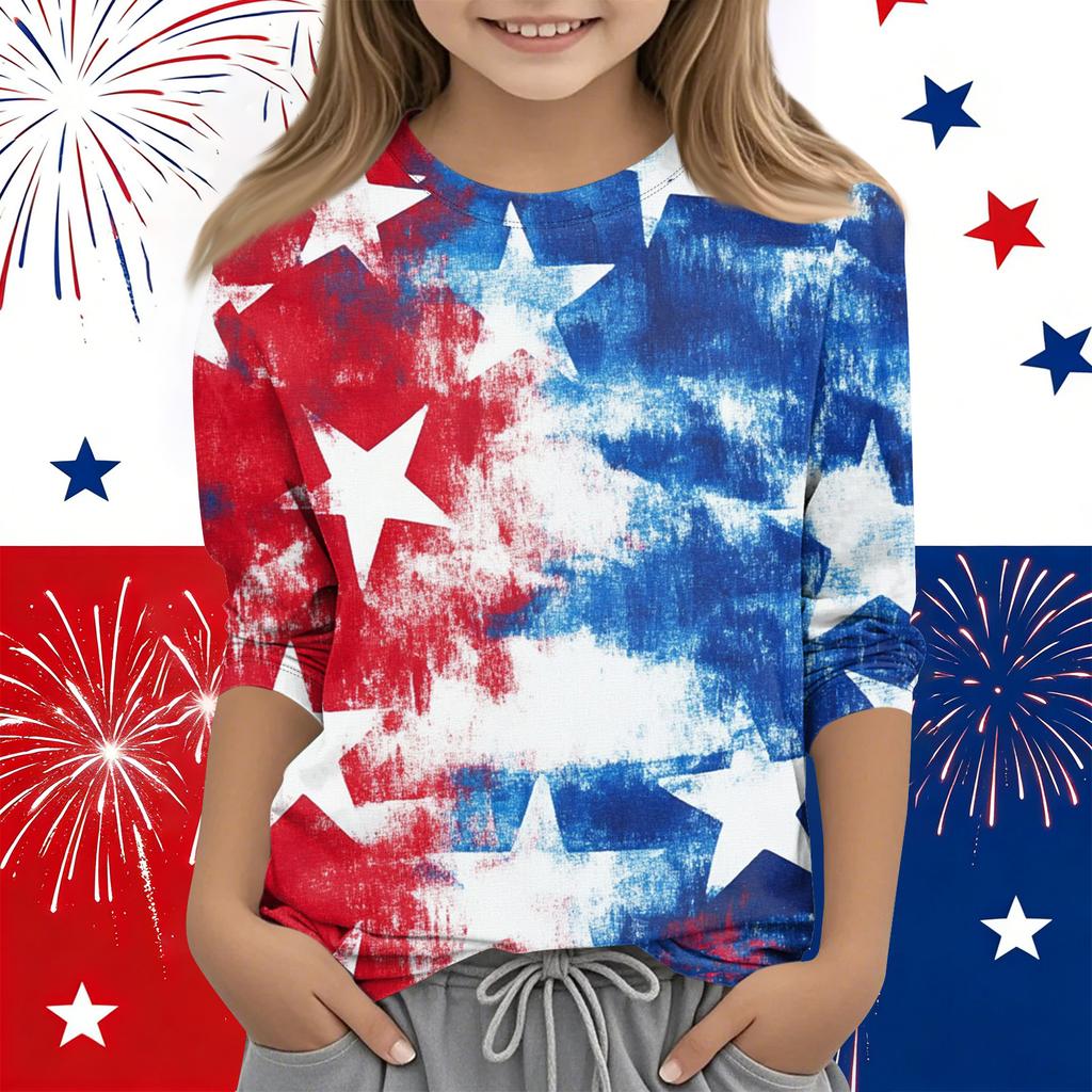 Print Tops For Youth Girls Round Neck 3/4 Sleeves T-Shirts Trendy Tops Outfit Tees Independence Day
