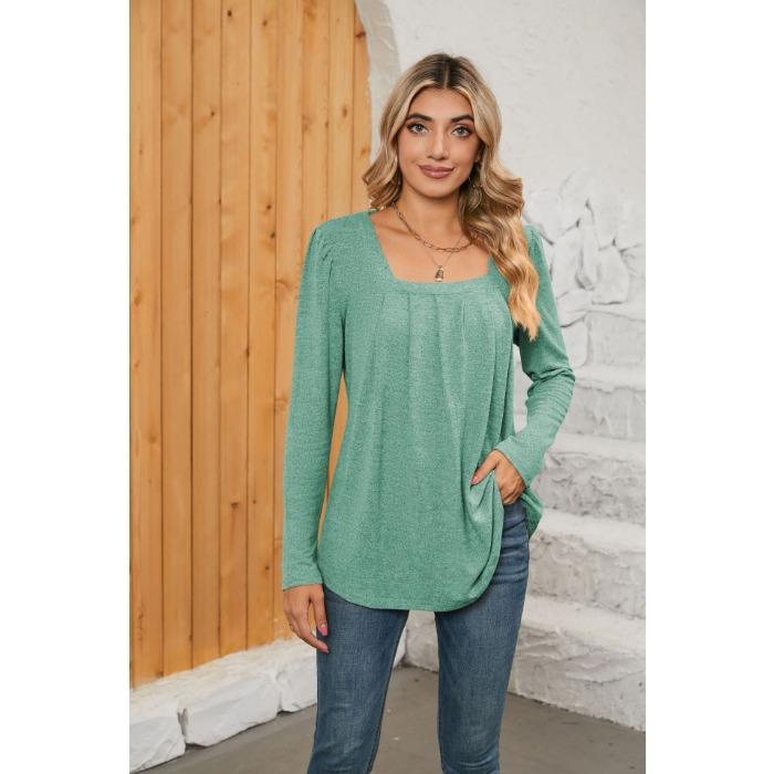 

Весенне-осенняя женская блузка, плиссированный однотонный топ с квадратным вырезом и длинными рукавами XXL зелёный