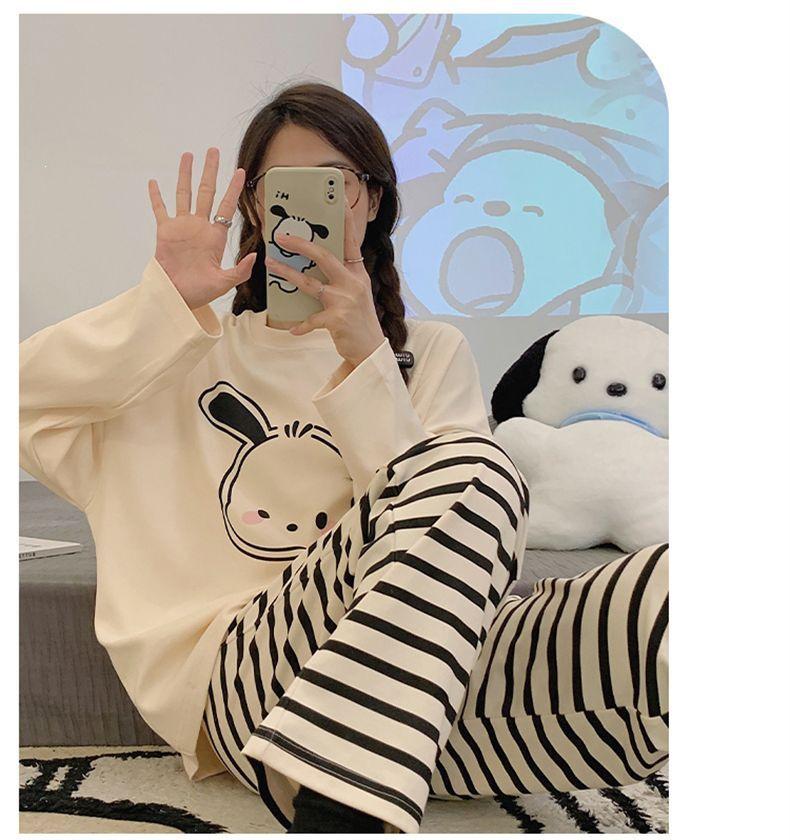 Women's Korean Style Cartoon Long Sleeve Casual Home Set with Chest Pads
